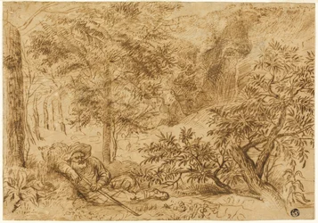 Landschap met herder slapend onder boom