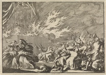 Brand van een houten loods waarin een toneelvoorstelling plaatsvindt naast het slot Amelienborg te Kopenhagen, 1689