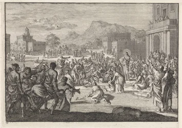 Christus spreekt tot een menigte op een plein