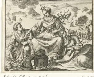 Gezondheid (Sanitas) geflankeerd door een zieke vrouw en een vrouw die kruiden plukt