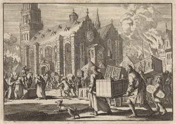 Inwoners van Spiers brengen in goed vertrouwen hun meubelen naar de Dom waar ze vervolgens door de Franse generaal Monclar worden verbrand, 1689