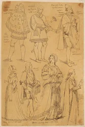 Schatkamer. Zeven mannen en vrouwen in Italiaanse kleding uit de 13e, 14e en 15e eeuw.