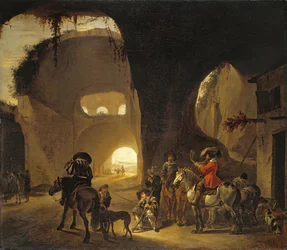 Valkenjagers voor een herberg in een ruïne