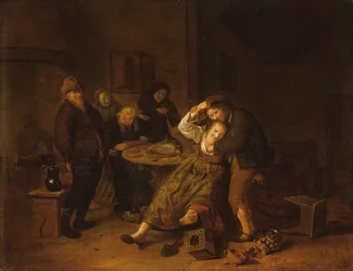 Taveerne-interieur met een boer die feestviert met een meisje