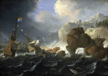 Een Nederlands schip en een galei gestrand op een rotsachtige kust in de storm. Olie op hout, door Jan Peeters (1624-1677).