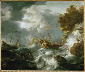 Schepen in nood op een kust (schilderij op doek)