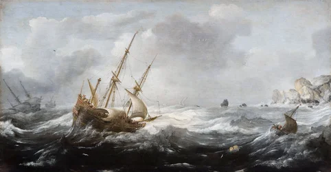 Schepen in een storm aan een rotsachtige kust