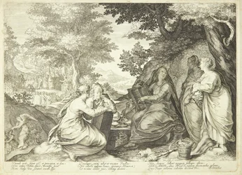 De verstandige maagden verzameld in een landschap, op de achtergrond Johannes de Doper die predikt