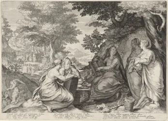 Vijf wijze maagden in een landschap met de prediking door Johannes de Doper