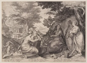 Wijze maagden verzameld in een landschap voor de prediking van de Doper, uit de parabel van de wijze en dwaze maagden