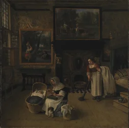 Interieur met een vrouw die borduurt en een kind in een wieg wiegt