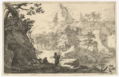 Landschap met ruïnes van een kasteel op een heuvel, begin 18e eeuw