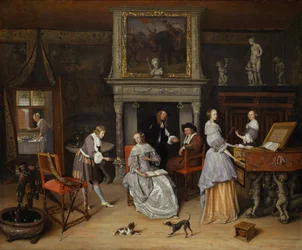 Fantasie Interieur met Jan Steen en de Familie van Gerrit Schouten