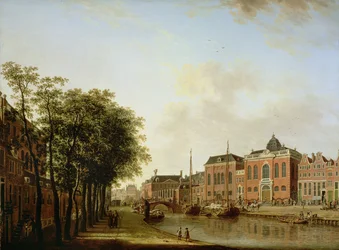 De Houtegracht, nu het Jonas Daniel Meijerplein, Amsterdam, met de Asjkenazische synagogen, het Arsenaal, de Portugese synagoge en zeilende schuiten