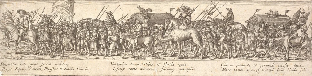 Troepen van soldaten met bagagewagen en de Dood te paard