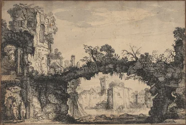 Landschap met ruïnes (recto); Kop van een vrouw en dieren (verso)