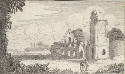 Landschap met een kerk in ruïnes en twee herders in gesprek