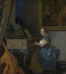 Een jonge vrouw zittend aan een virginaal, ca. 1670