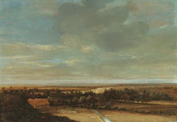 Uitgestrekt duinlandschap met een boerderij en een bleekveld