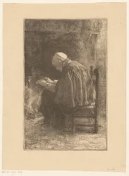 Oude vrouw bij haard