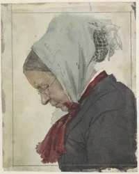 Oude vrouw met hoofddoek en rode sjaal