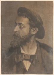 Portret van een man met baard en hoed, naar links