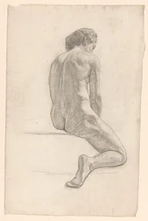 Zittend vrouwelijk naakt, op de rug gezien