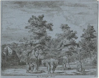 Wandelende figuren op een laan met bomen
