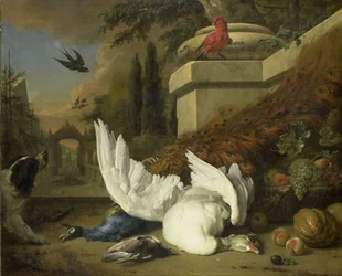 Een hond met een dode gans en een pauw, ca. 1700