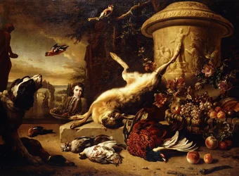 Een dode Haas op een sokkel bij een gebeeldhouwde Urn met een Mand Fruit, een dode Fazant, Wilde Eend, Korhoen, Vlaamse Gaai en Vink, een Hond die een Putter bekijkt en een Jongen die een Mand Fruit draagt in een Park, 1705