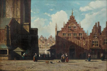 Een zonnig uitzicht op de Grote Markt met de Sint-Bavokerk en de Vleeshal, Haarlem