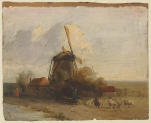 Landschap met molen en een herder met schapen