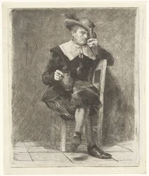Man met kruik en glas op een stoel