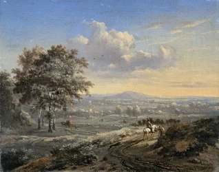 Heuvelachtig Landschap met een Ruiter op een Landweg