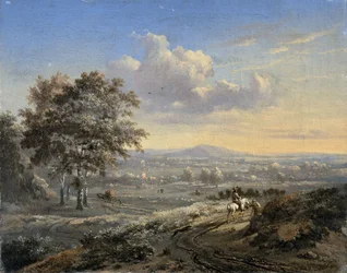 Heuvelachtig landschap met een ruiter op een landweggetje