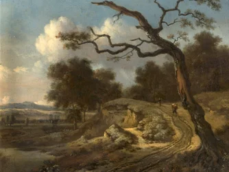 Landschap met boeren en een weg