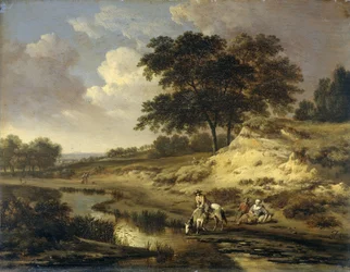 Landschap met een ruiter die zijn paard water geeft