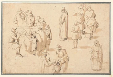 Een fontein in Spa met studies van elegante figuren die het water nemen en van twee monniken en een priester