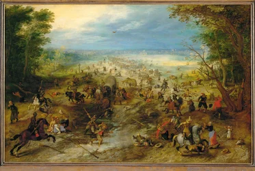 Bandieten vallen een konvooi paardenkarren aan (olieverf op eikenhout)