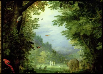 De aarde of het aardse paradijs, detail van Adam en Eva met God en andere dieren, 1607-08, detail van 93899
