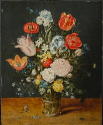 Bloemen in een glazen beker, na 1608
