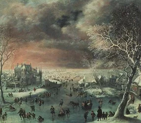 Een winterlandschap met figuren op het ijs