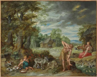 Adam aan het werk in een veld, uit Het verhaal van Adam en Eva