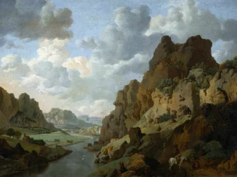Dutch: Berglandschap met rustende reizigers Rocky landscape.