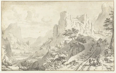 Berglandschap met reizigers op een weg