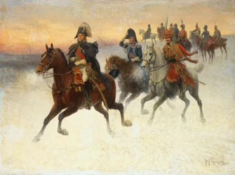 Maarschalk Ney en Napoleon en hun troepen tijdens de Russische campagne