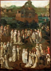 Hofgezelschap voor een Bourgondisch kasteel (olieverf op hout)