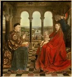 De Madonna van kanselier Rolin. Nicolas Rolin (1376-1461) was kanselier van Bourgondië onder Filips de Goede en stichter van de Hospices de Beaune in 1443. Schilderij van Jan van Eyck (1390-1441). 15e eeuw. Sun. 0,66x0,62 m Parijs