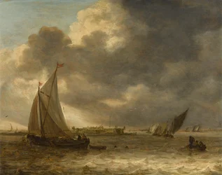 Een rivierlandschap met zeilschepen