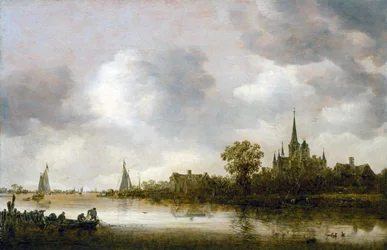 Rivierlandschap met een kerk in de verte